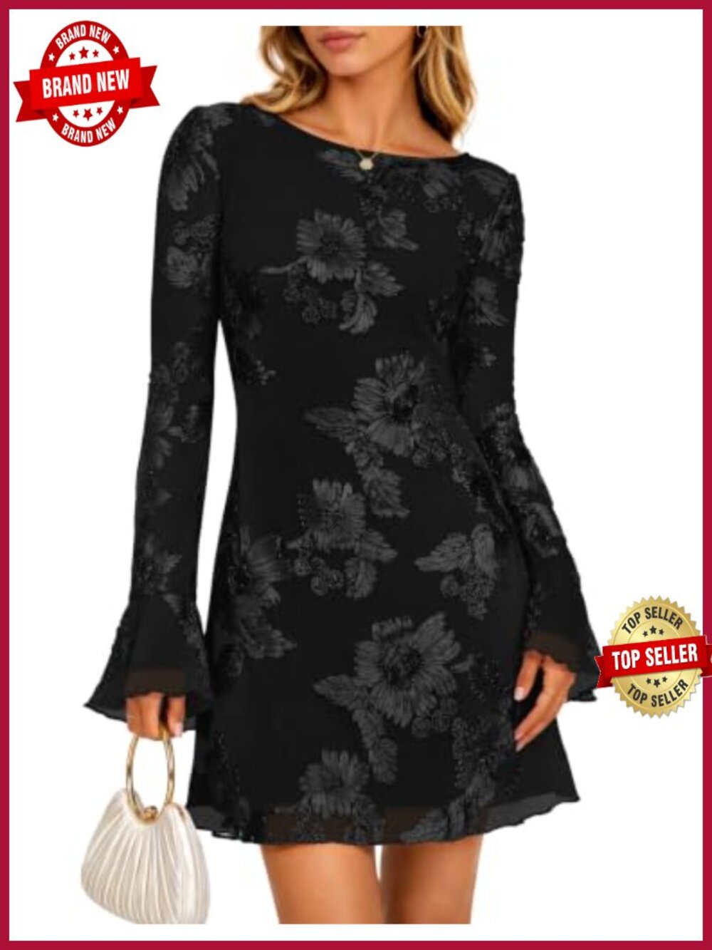 3D Floral Embroidered Mesh Mini Dress Ruffled Long Sleeve Bodycon
